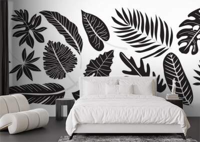 Set of various tropical palm leaves. Black silhouettes of tropical plants. Monstera and palm jungle leaves, exotic foliage, decorative natural plant collection. Hand drawn vector flat illustration Wall mural