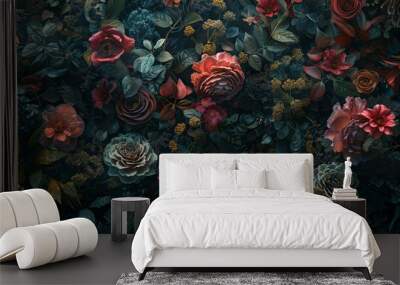 Dramatic composition of assorted dark-hued flowers and foliage in a mysterious and enchanting floral display Wall mural