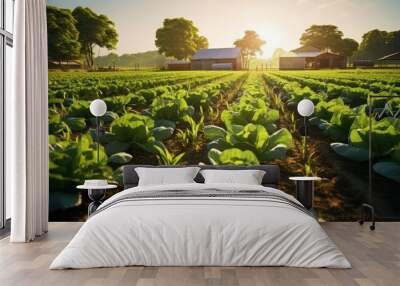 Rows of diverse crops in an organic farm, featuring rich greens and earthy browns, represent sustainability. Wall mural