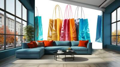 Shopping bags set isolated on transparent background with colorful paper gift bags Wall mural