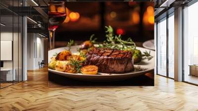 Steak dinner with red wine ready in a warm, cozy restaurant Wall mural