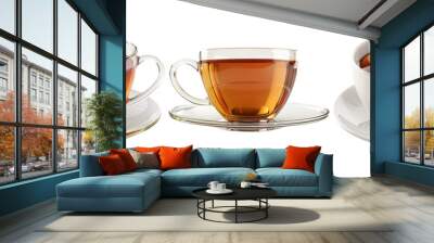 Tea cups set isolated on transparent background with hot beverages in different styles Wall mural