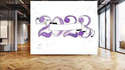 Happy new year 2023 banner in digital lavender color. A cute lettering design with watercolor, hand writing of the number 2023 in purple. Calendar, diary, bullet journal, annual report or planner Wall mural