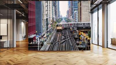 Elevated Train Tracks above the streets and between buildings at The Loop August 3rd, 2017 - Chicago, Illinois, USA Wall mural