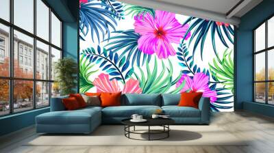 seamless tropical floral pattern. hibiscus and palm leaves on white background. classical aloha motifs in a juicy colorful pattern design. Wall mural