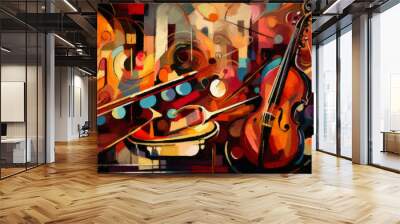 Abstract colorful music background with violin and saxophone, digital painting. AI generative. Wall mural