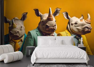  Gang family of rhino rhinoceros in vibrant bright fashionable outfits, commercial, editorial advertisement, surreal surrealism. Group shot. Generative AI Wall mural