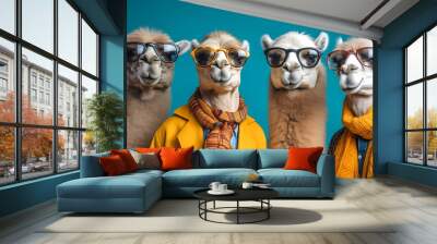 Creative animal concept. Gang family of camel in vibrant bright fashionable outfits, commercial, editorial advertisement, surreal surrealism. Group shot. Generative AI
 Wall mural