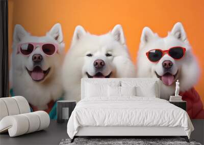 Creative animal concept. Gang family of samoyed dog in vibrant bright fashionable outfits, commercial, editorial advertisement, surreal surrealism. Group shot	 Wall mural