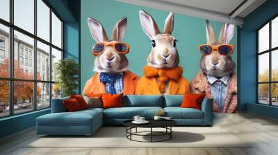 Gang family of rabbit bunny in vibrant bright fashionable outfits, commercial, editorial advertisement, surreal surrealism. Group shot. Generative AI Wall mural