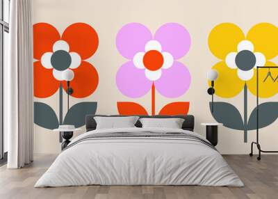 Set of three simple modern flowers. Mid Century Modern Wall mural