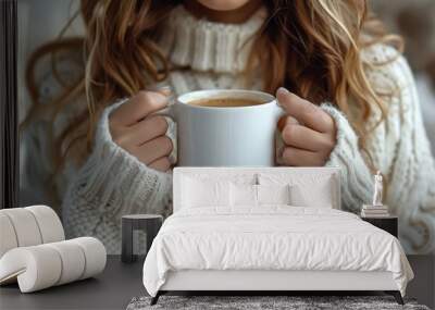 Close-up of warm hands clutching a steamy coffee mug, wrapped in a knitted white sweater, suggesting comfort on a cold day. Wall mural