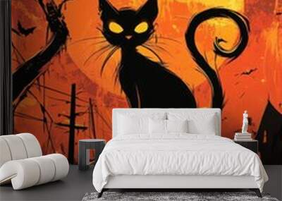 Silhouette of a black cat, haunted house, and jack-o'-lanterns illuminated by a large, eerie orange full moon on Halloween. Wall mural