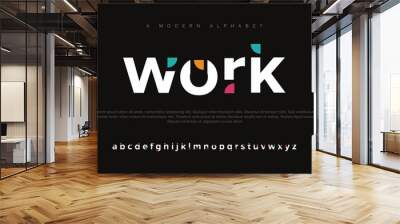 Work modern alphabet. Dropped stunning font, type for futuristic logo, headline, creative lettering and maxi typography. Minimal style letters with yellow spot. Vector typographic design Wall mural