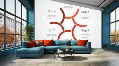 Step by step red infographic template with 6 steps, options, parts or processes. Wall mural