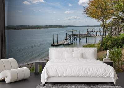 view of the May River in Bluffton SC from the grounds of the Church of the Cross Wall mural