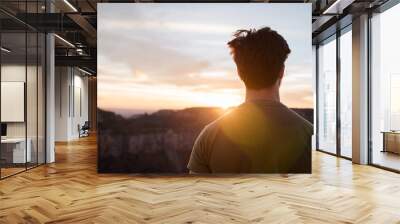 A man standing, looking out at the Grand Canyon during sunset.  Wall mural