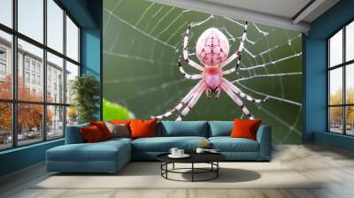 Beautiful pink color spider in a spider web. natural background and a macro view Wall mural