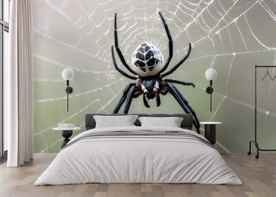 beautiful white color spider in a spider web. natural background and a macro view Wall mural