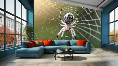 beautiful white color spider in a spider web. natural background and a macro view Wall mural