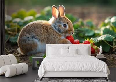 Cute little brown rabbit sitting near a lot of strawberries and eating strawberries Wall mural