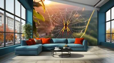 Morning The beautiful spider in a spider web. beautiful nature Wall mural