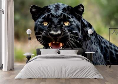 View of the face of a black leopard who is very angry Wall mural