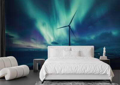 Stunning aurora borealis with clean energy wind farm  Faroe Islands Wall mural