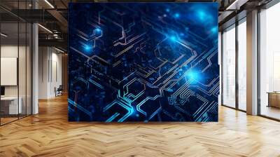 abstract technology background with circuit board and blue lights digital communication line concept graphic, hardware computer tech integrated energy design information internet generative Ai. Wall mural