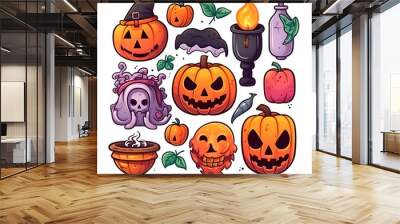 halloween element doodle icon set generative AI. Wall mural