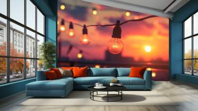 a string light bulbs at sunset on the rooftop Wall mural