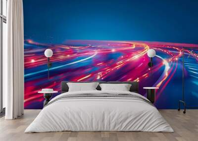 Abstract red light trail on blue background Wall mural