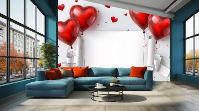 Beautiful red heart shaped balloons with white banner Wall mural