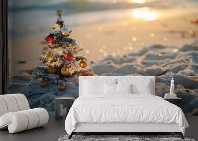 Christmas tree decorations on sea beach sand Wall mural