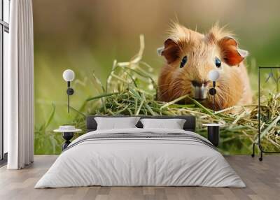 Cute funny guinea pig and hay outdoors Wall mural