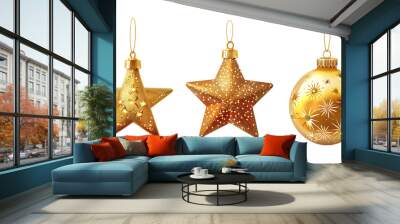 Golden Christmas star ornament bauble set isolated on transparent background  Wall mural