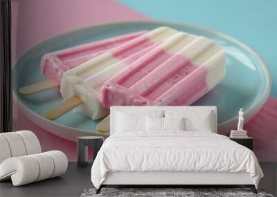 Group of neapolitan yogurt popsicles on a plate on blue background Wall mural