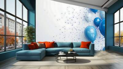 Happy birthday text in white board space with flying blue balloons and confetti element for birth day celebration Wall mural