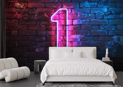 Neon number 1 on brick wall background Wall mural