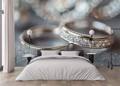 Pair of silver wedding rings with diamonds on gray background Wall mural