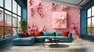 Pink gift box and spring flowers on pink background Wall mural