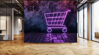 Shopping cart symbol drawn by purple neon light on black wall Wall mural