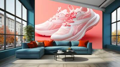 white and pink sports sneakers on a pink background Wall mural