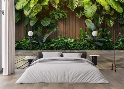 wooden teak walkway and green leaf beach plant wall background Wall mural