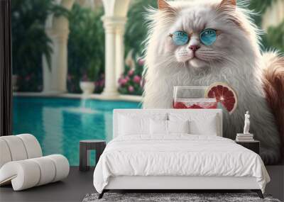 A white fluffy cat in a sunglasses sitting near swimming pool with a cocktail near him. Created with Generative AI. Wall mural