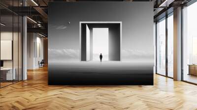 Person standing in front of an abstract open door in minimalistic world. Black and white. Wall mural