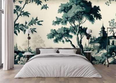 Toile de Jouy pattern background in green and white with a pastoral theme including a lake, trees, nature and a manor. Created with Generative AI. Wall mural