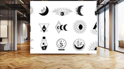 Mystical symbols. Line esoteric, boho mystical hand drawn elements, magic witchcraft crystal, eyes, moon, sun, cat. Vector illustration icons set. Wall mural