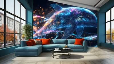 digital baby cute dolphin illustrated in a holographic abstract interface, showcasing glowing blue lines and playful bubbles Wall mural