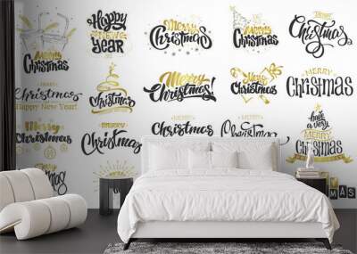 Merry Christmas. Happy New Year. Handwritten modern brush lettering, Typography set Wall mural